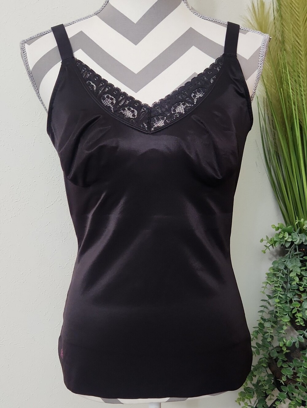 Ruby Ribbon Black Satin Lace-Trim Chemise Tank Shapewear